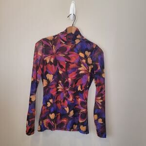 Johnny Was Jade Womens Mock Neck Long Sleeve Eclipse Blooms Mesh Tee Top XS